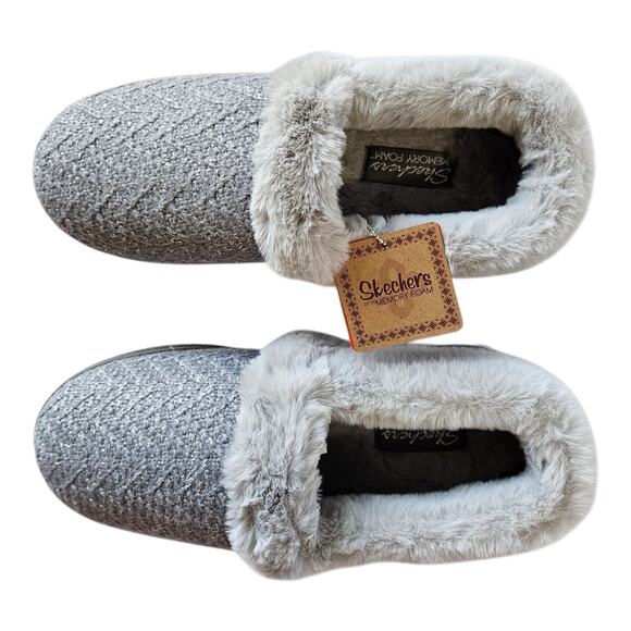 SKECHERS Women's Wide 8.5 W Slippers Cozy Lite Sparkle Knit Faux Fur Lined NEW - Picture 3 of 10